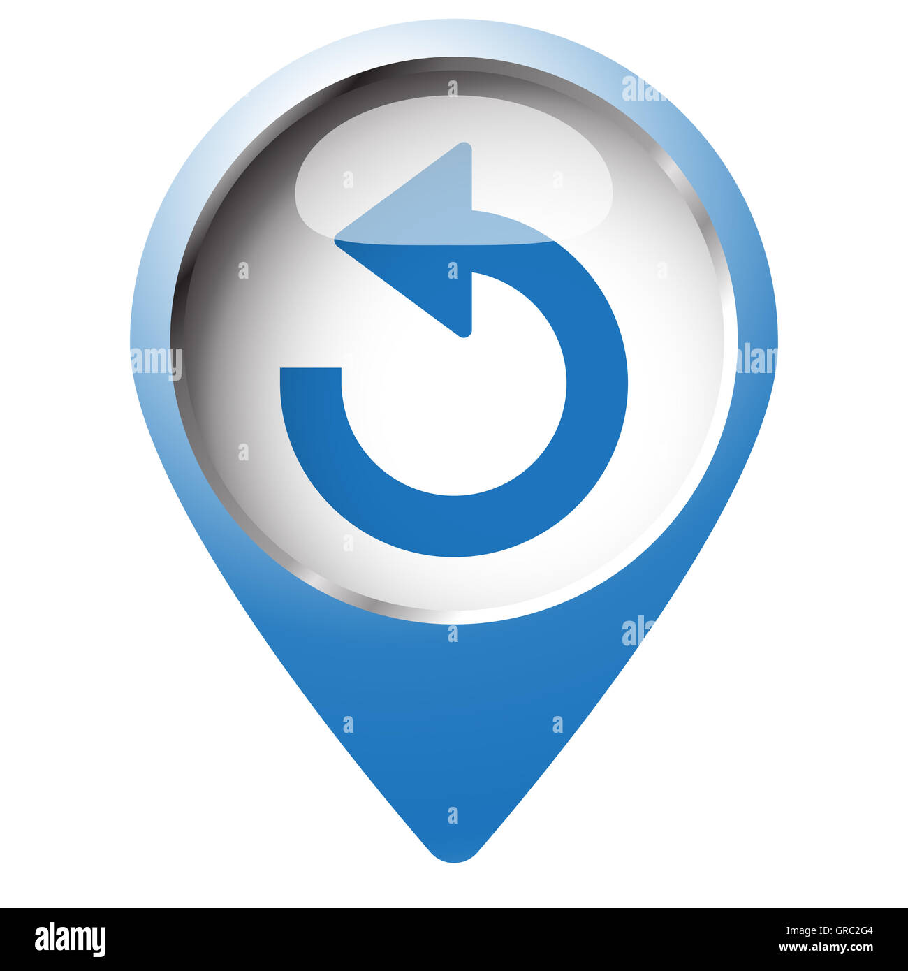 Karte-Pin-Symbol mit "Rückgängig"-Symbol. Blaue Raute auf weißem Hintergrund. Stockfoto