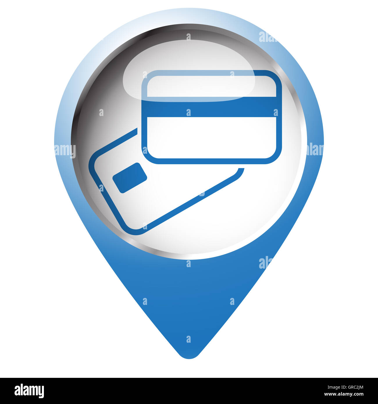 Karte-Pin-Symbol mit Zahlung per Kreditkarte-Symbol. Blaue Raute auf weißem Hintergrund. Stockfoto