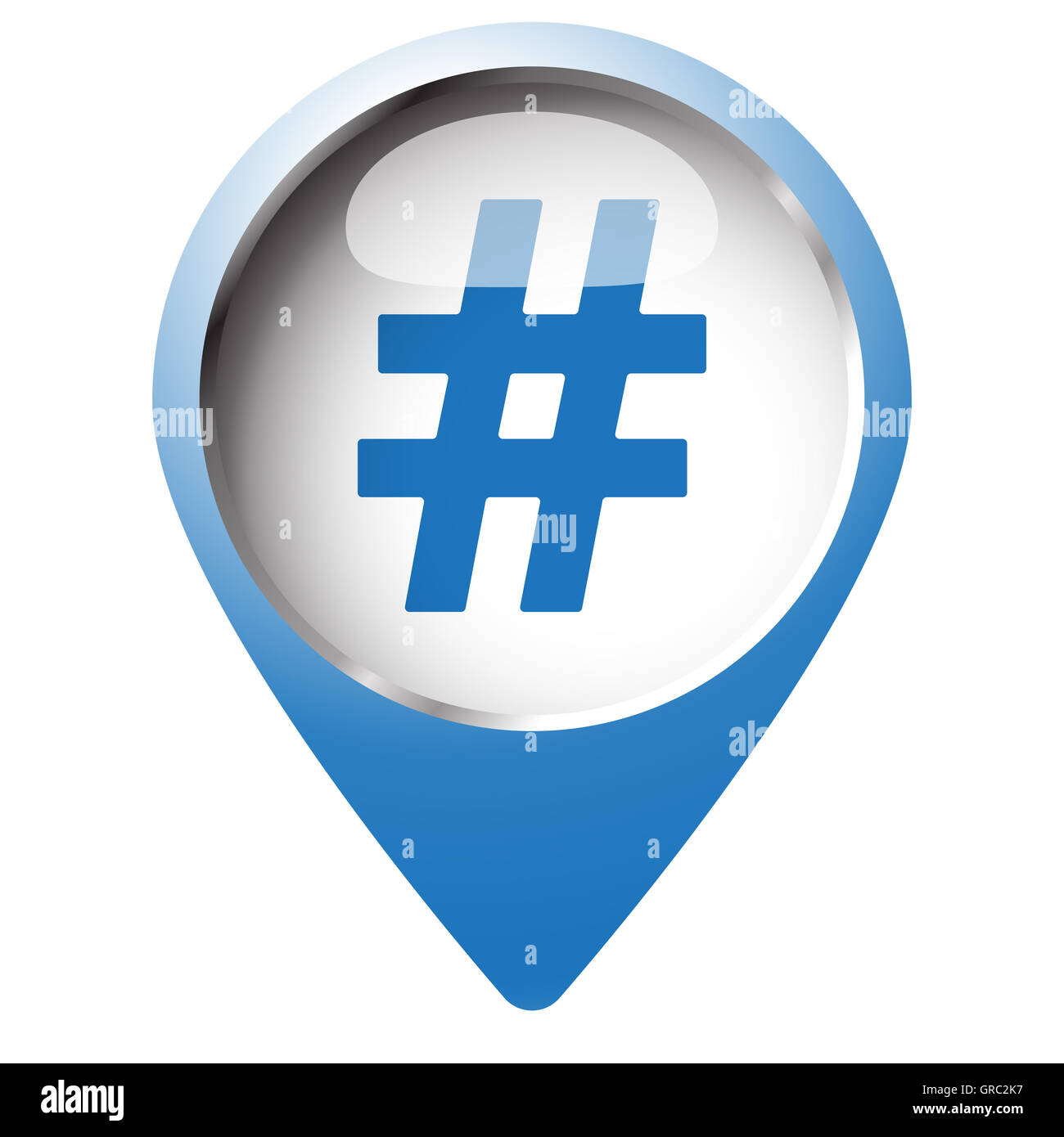 Karte-Pin-Symbol mit Hashtag-Symbol. Blaue Raute auf weißem Hintergrund. Stockfoto