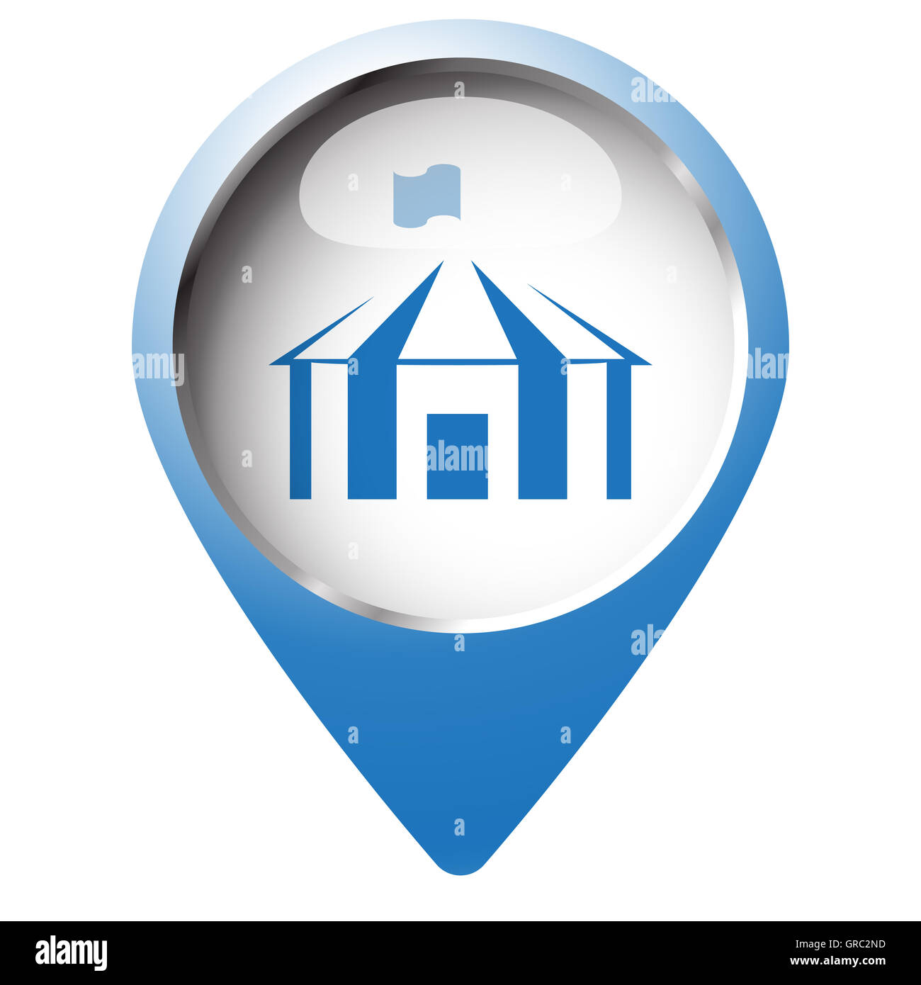Karte-Pin-Symbol mit Partyzelt-Symbol. Blaue Raute auf weißem Hintergrund. Stockfoto