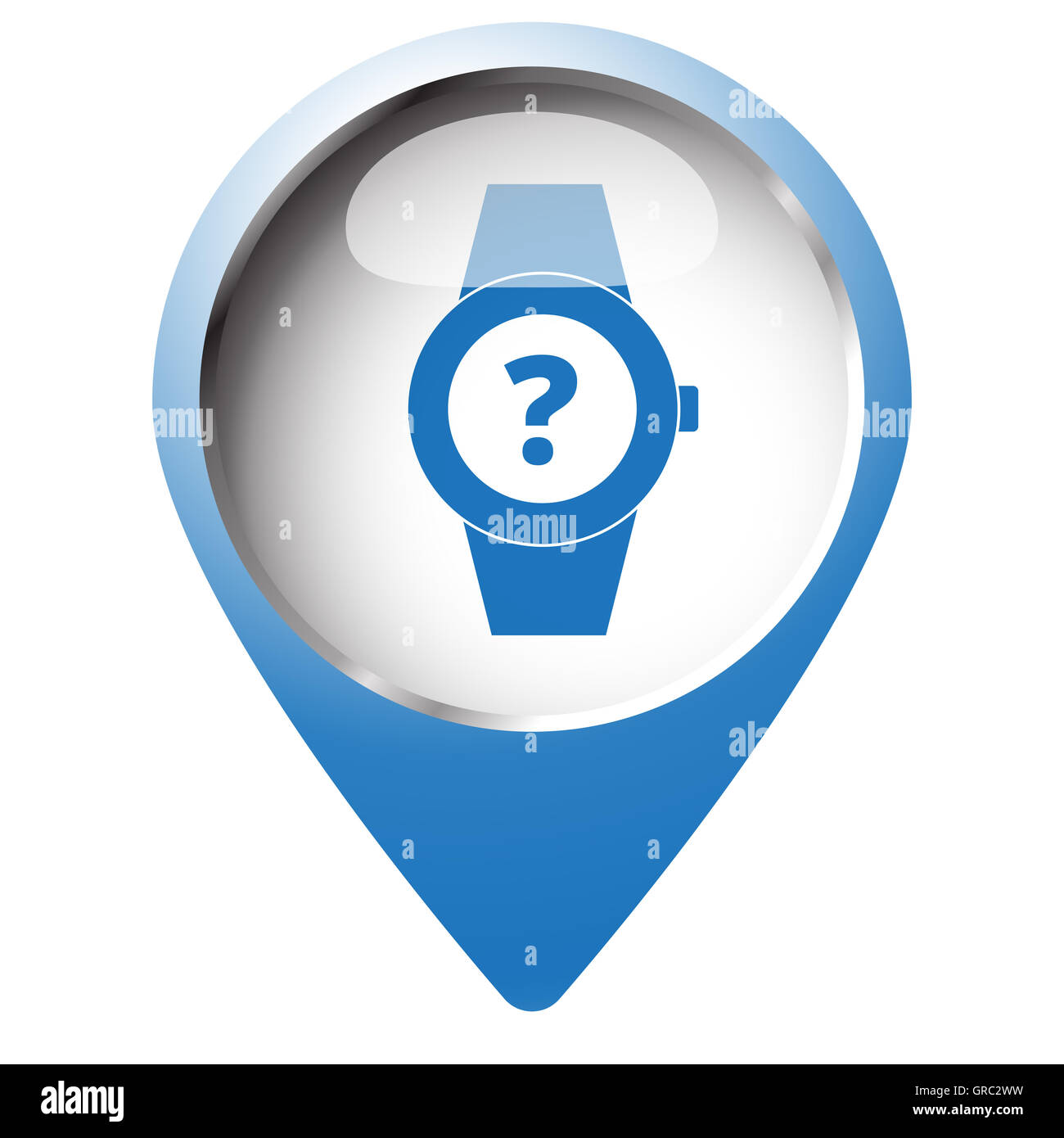 Karte-Pin-Symbol mit Zeit-Frage-Symbol. Blaue Raute auf weißem Hintergrund. Stockfoto