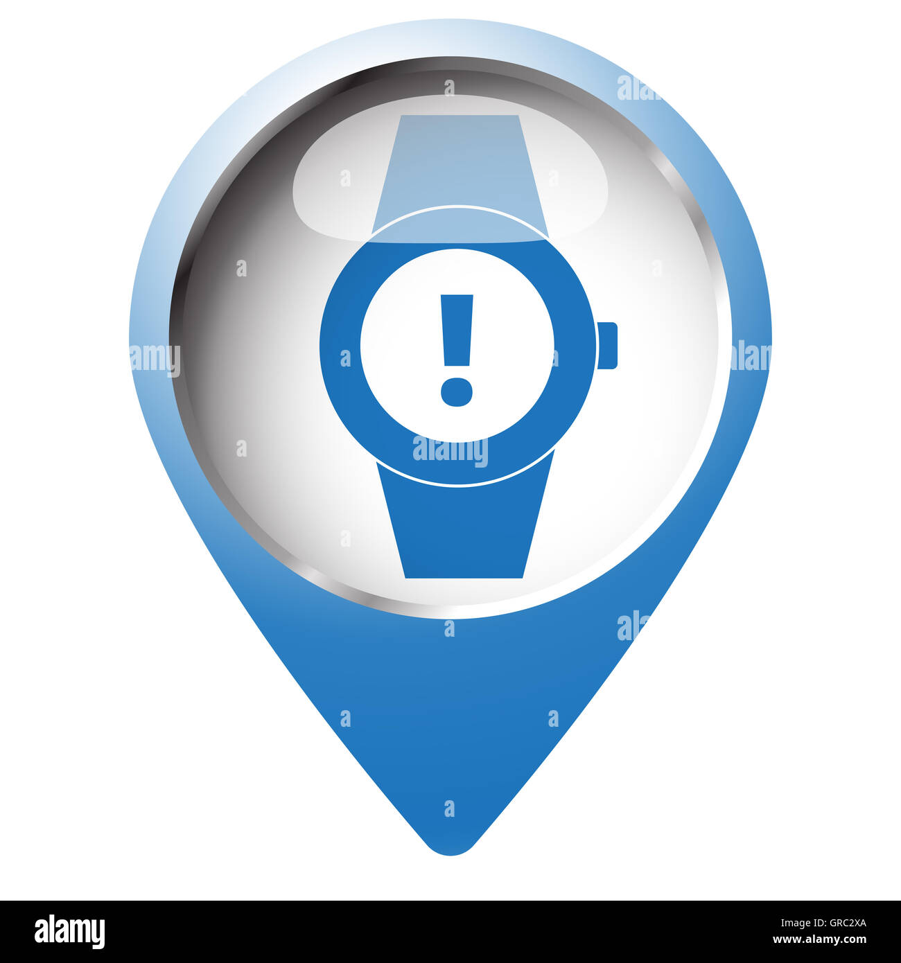 Karte-Pin-Symbol mit Zeit Warnsymbol. Blaue Raute auf weißem Hintergrund. Stockfoto