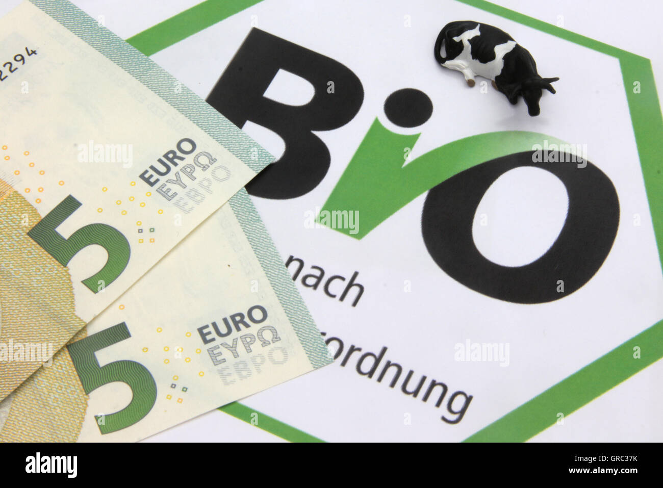 Rinder und Euro-Scheine auf Bio-Symbol Stockfoto