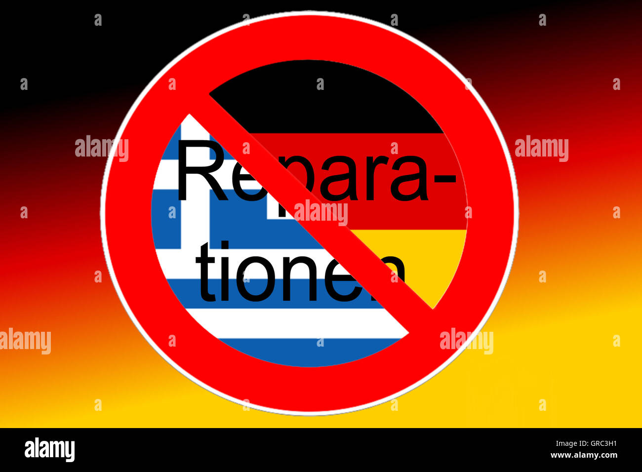 Verkehr Zeichen Ende der Reparationen mit griechischen und deutschen Fahnen Stockfoto