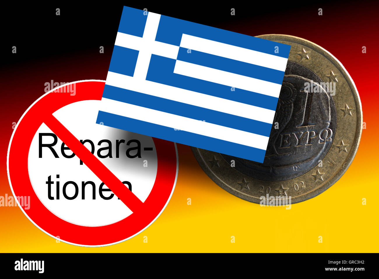 Verkehr Zeichen Ende der Reparationen mit griechischen und deutschen Fahnen Plus Euro-Münze Stockfoto