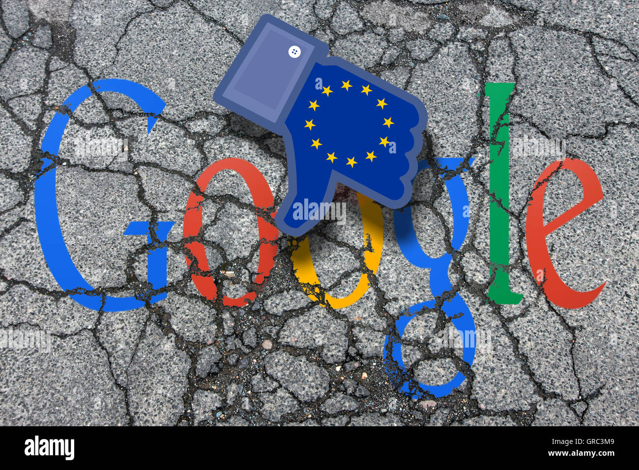 Erodieren Google Zeichen auf einer erodierenden Bürgersteig mit Abneigung-Symbol und die Flagge der Eu Stockfoto