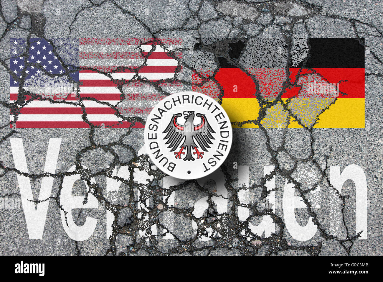 Erodieren uns und EU-Flaggen mit Insigia des Bnd Bundesnachrichtendienst Stockfoto