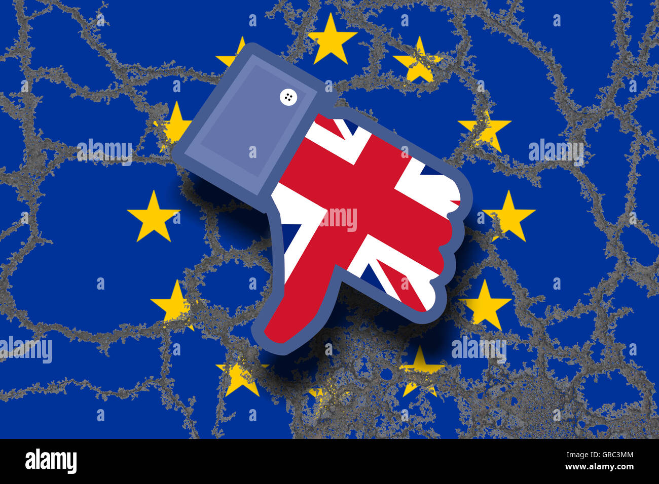 Erodieren EU-Flagge mit Union Jack Uk und Facebook-Abneigung-Symbol Stockfoto