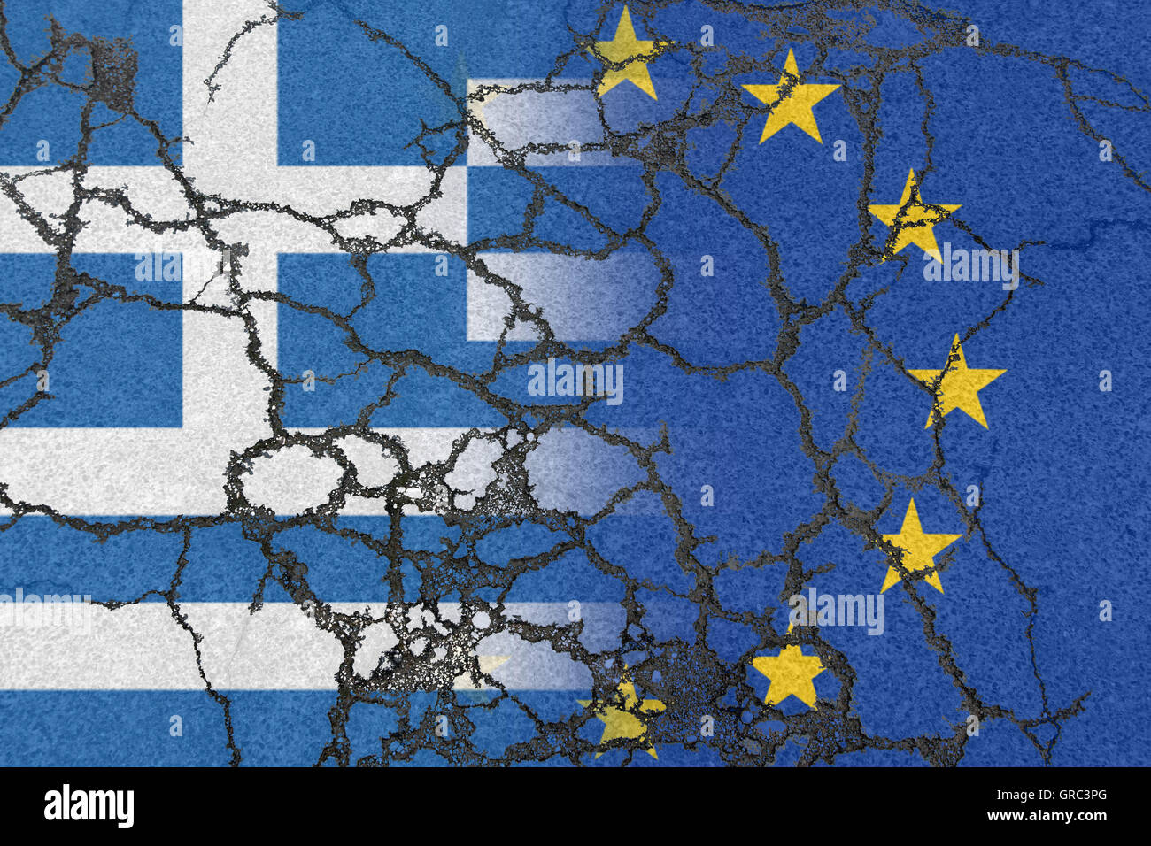 Erodieren, Eu und griechische Flaggen Stockfoto