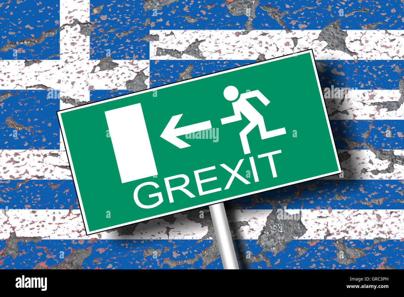Erodieren, griechische Flagge Wirh Traffic Sign Notausgang und Grexit Stockfoto