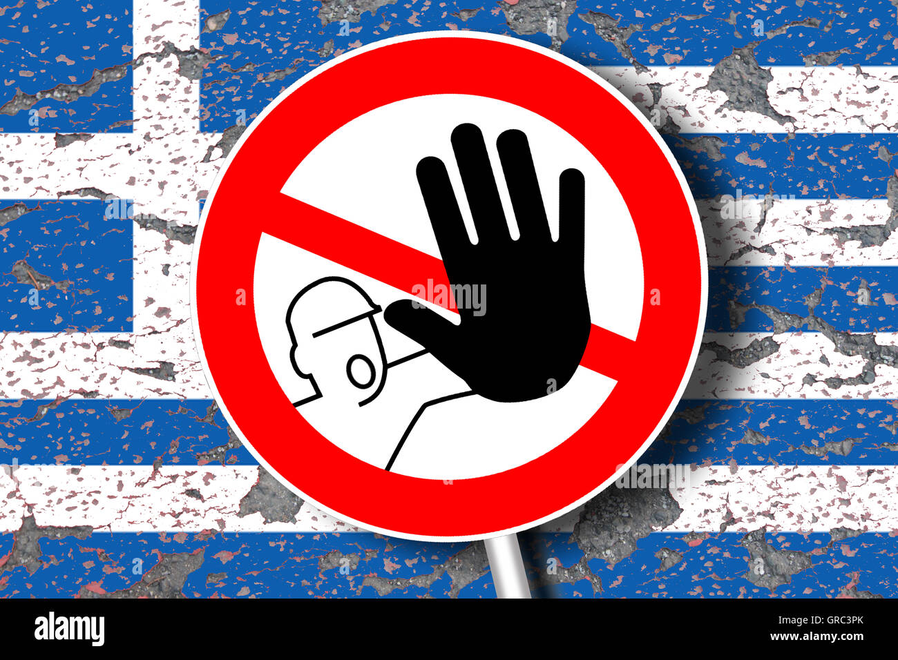 Erodieren griechische Flagge mit dem Verkehr abmelden keine Hausfriedensbruch halten Stockfoto