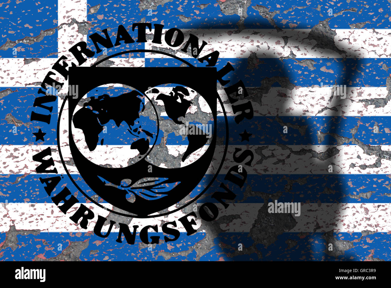Melden Sie Iwf IWF International Monetary Fund und erodieren griechische Flagge Stockfoto