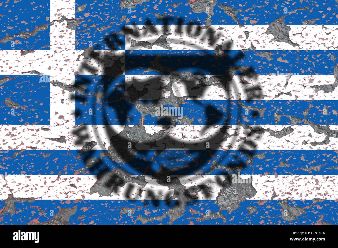 Melden Sie Iwf IWF International Monetary Fund und erodieren griechische Flagge Stockfoto