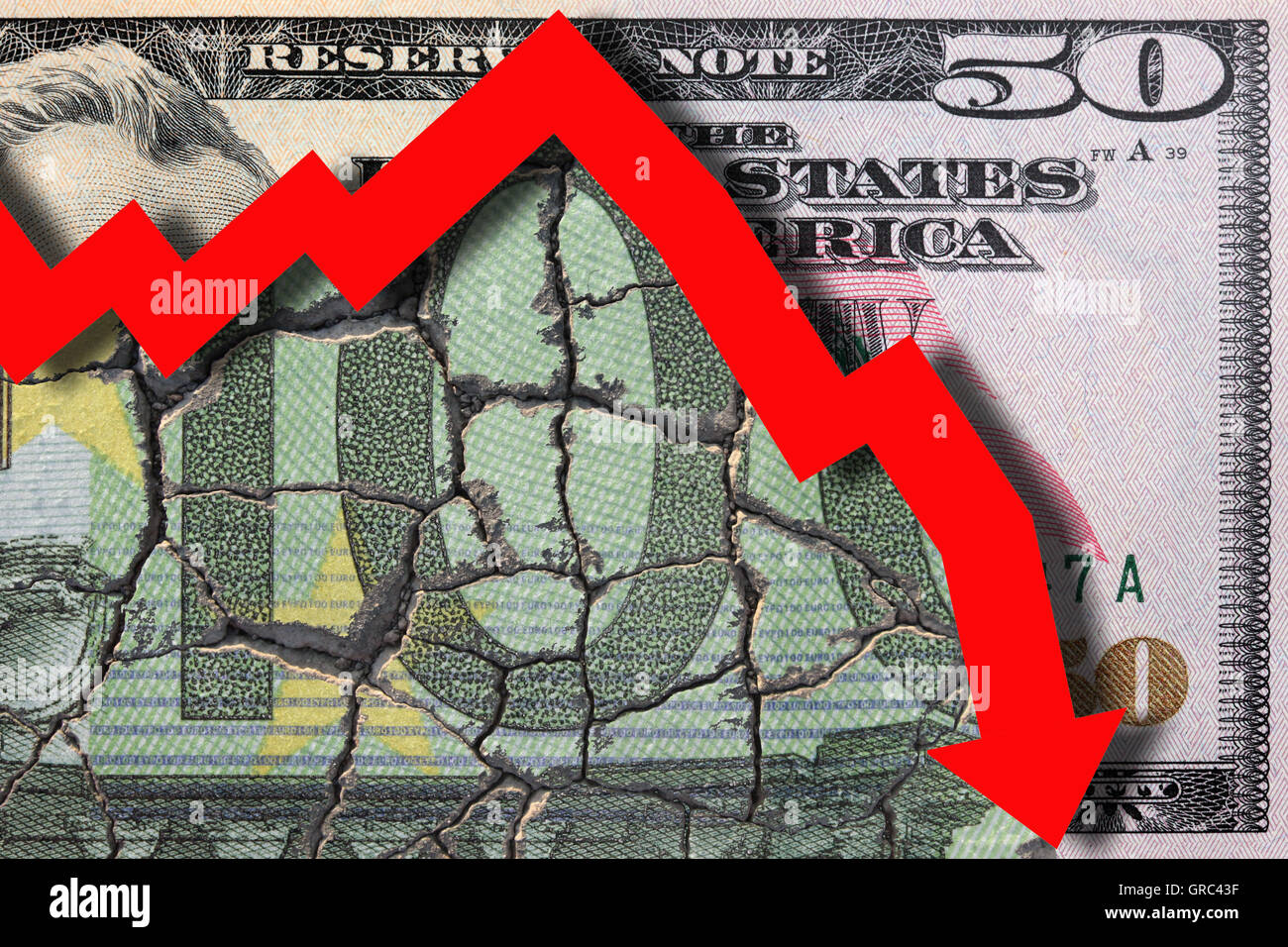 Euro-Schwäche gegen uns-Dollar mit nach unten Diagramm Stockfoto