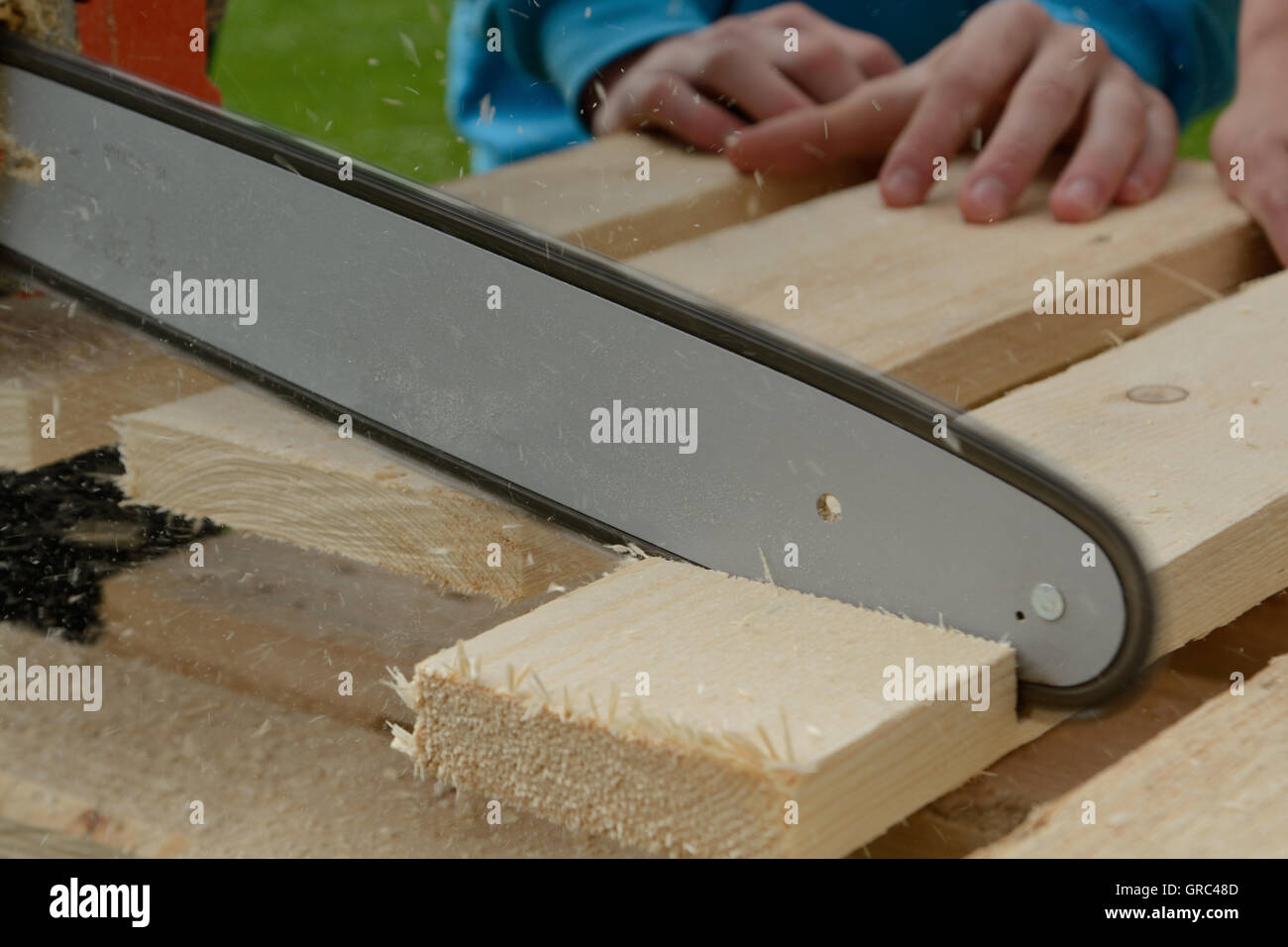 Person Kürzungen Holzplatte mit Kettensäge Stockfoto