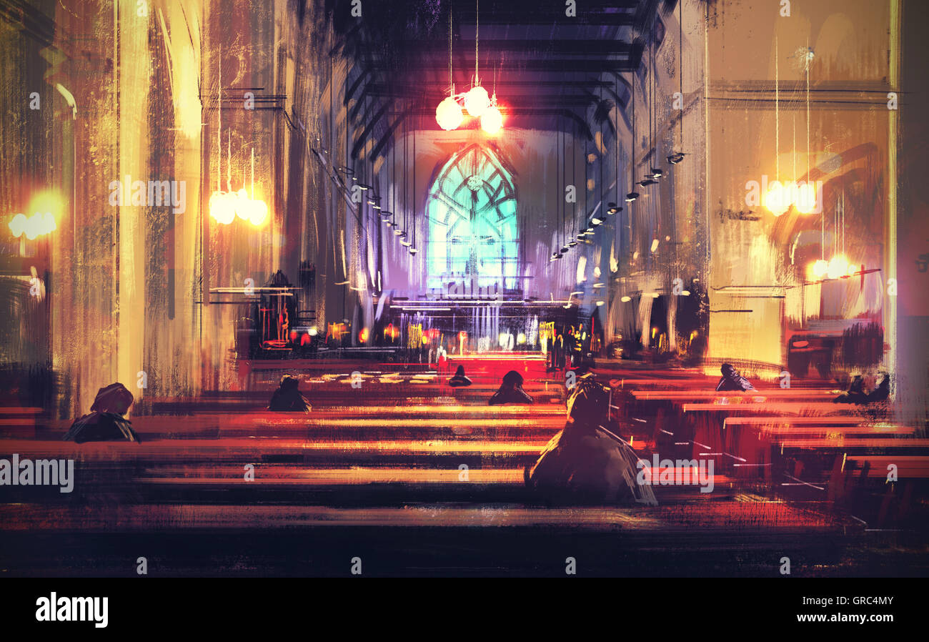 Innenansicht einer Kirche, Illustration, digitale Malerei Stockfoto
