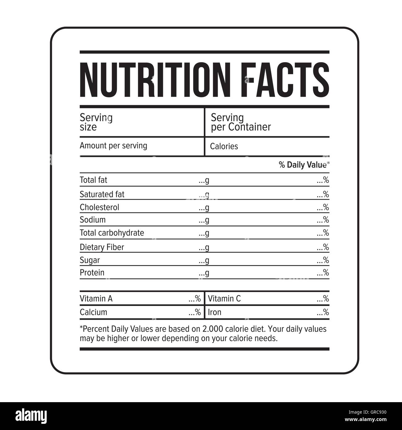 Nutrition Facts Etikett Vorlage Vektor Stock-Vektorgrafik - Alamy Intended For Blank Food Label Template