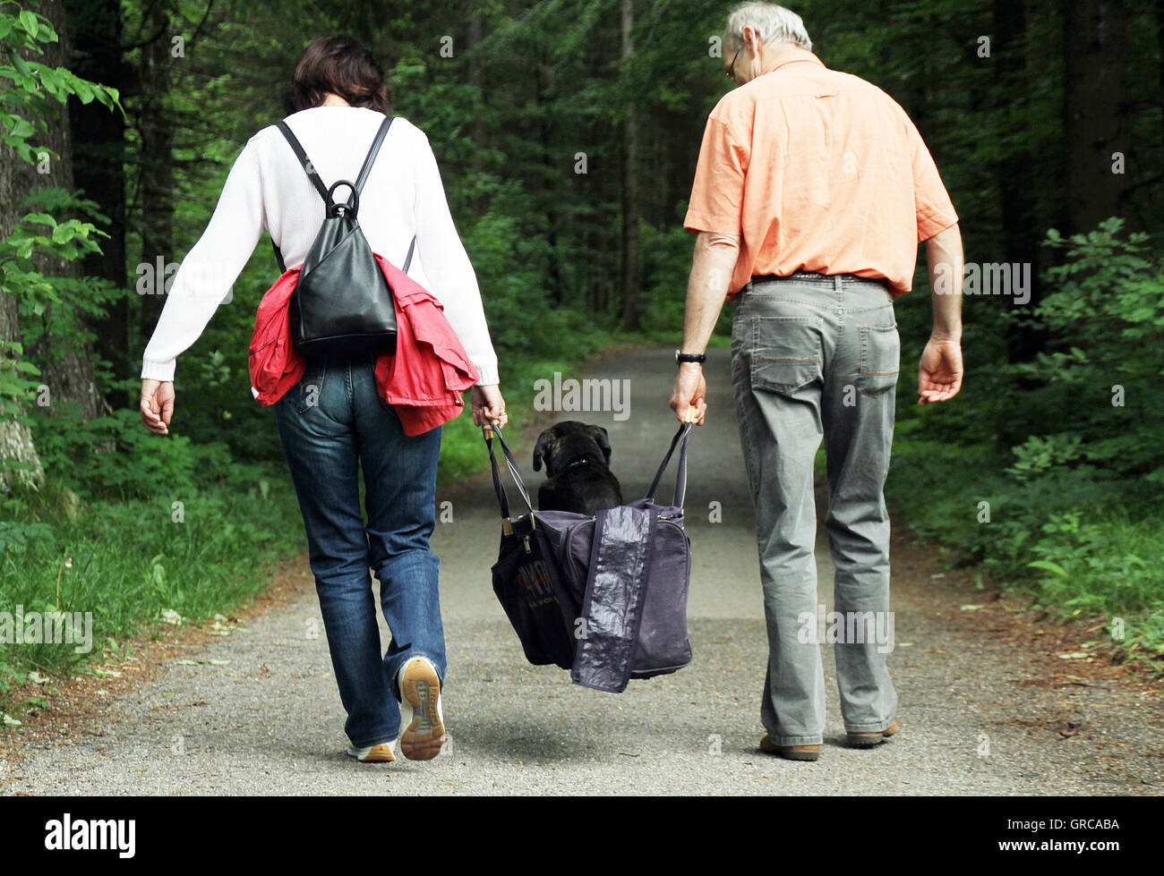 Zwei Wanderer tragen ihre müde und altersschwachen Hund In einer Tasche Stockfoto