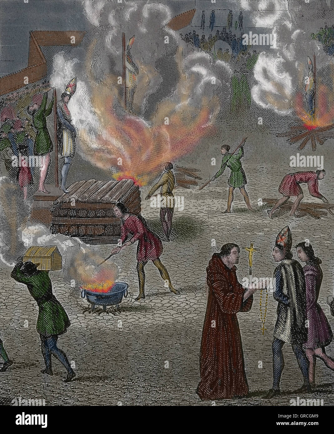 Spanische Inquisition. Auto de Fe. Vollstreckung der Todesstrafe. Tod durch verbrennen. Gravur. 19. C. Farbe. Stockfoto