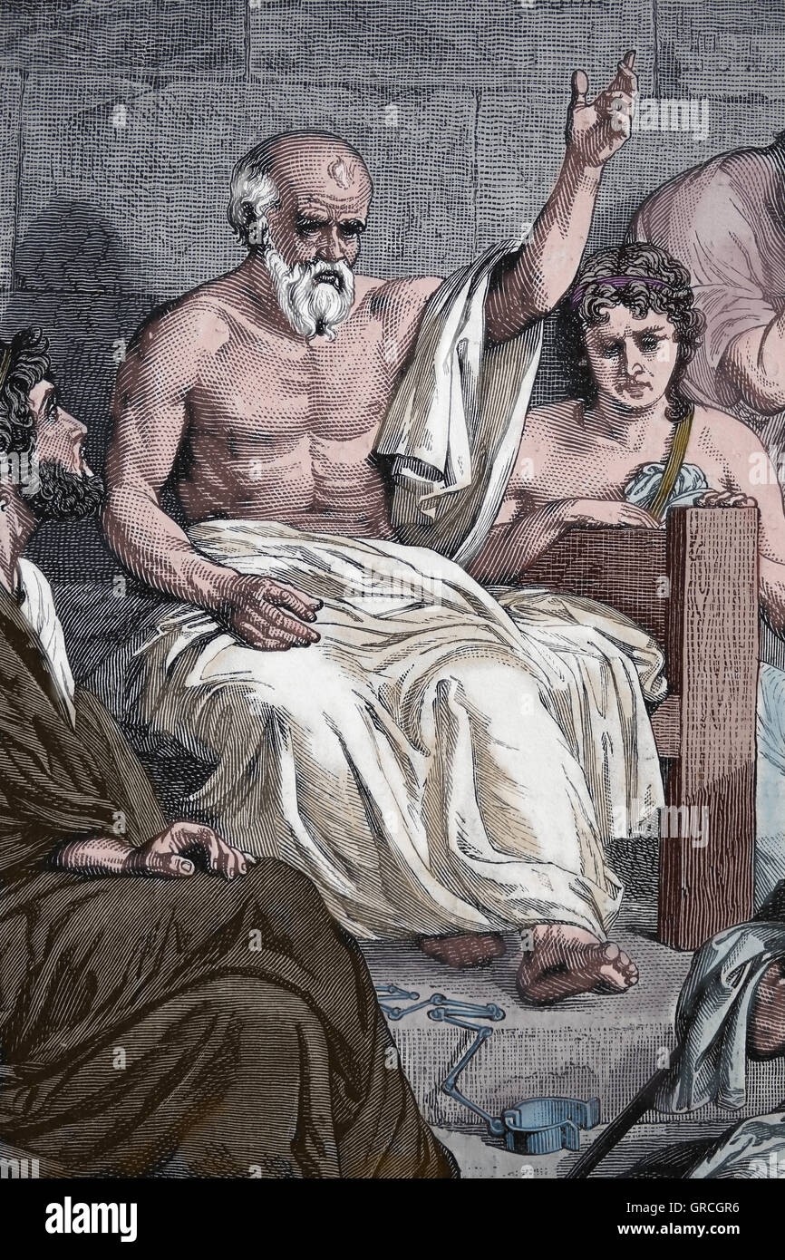 Der Tod des Sokrates (490 v. Chr. - 399 v. Chr.). Kupferstich, 19. Jahrhundert. Farbe. Stockfoto