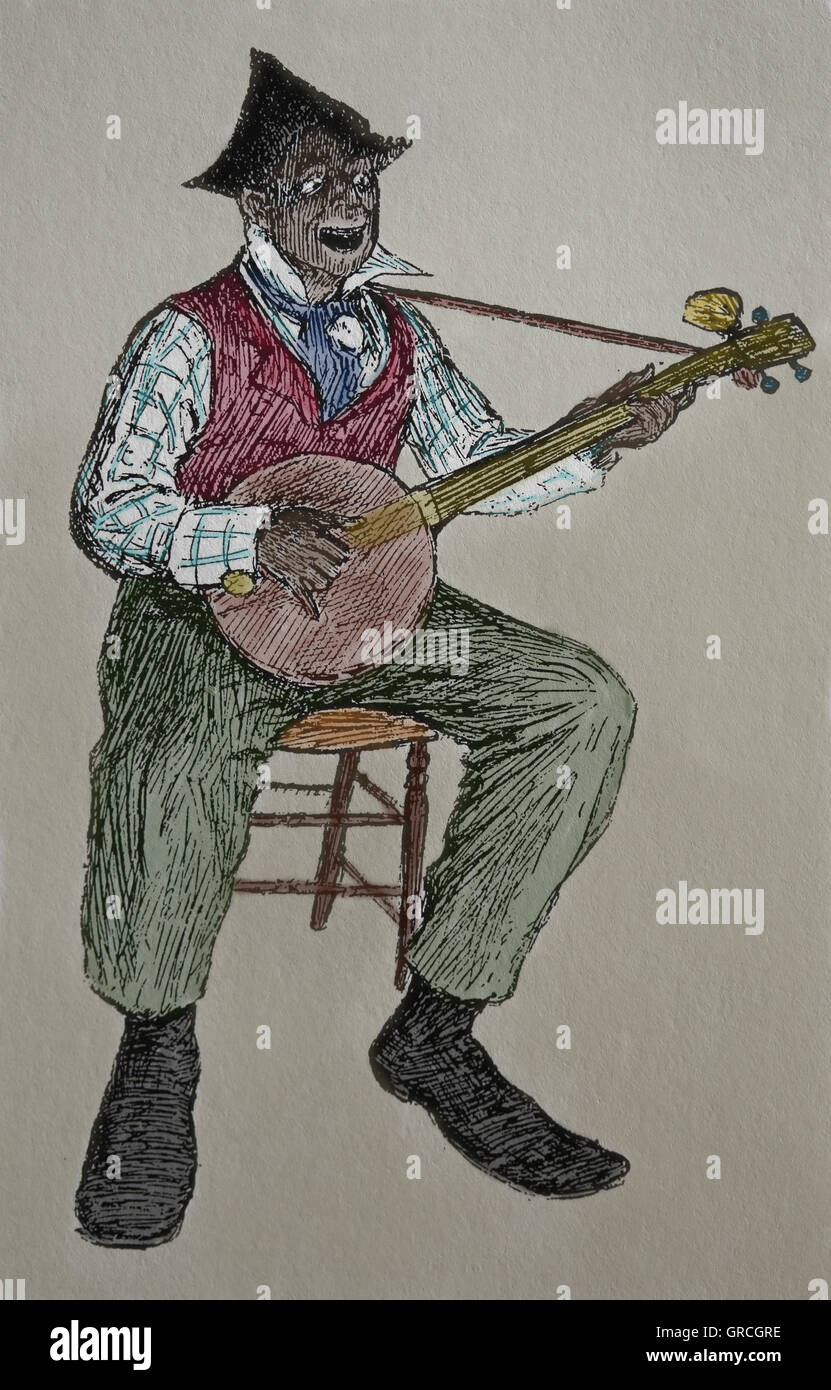 USA. Musiker spielen das Banjo. Gravur. des 19. Jahrhunderts. Farbe. Stockfoto