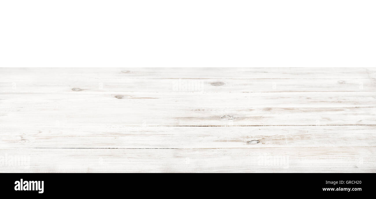 Leere rustikale weiße Holz Tischplatte auf weiß Stockfoto