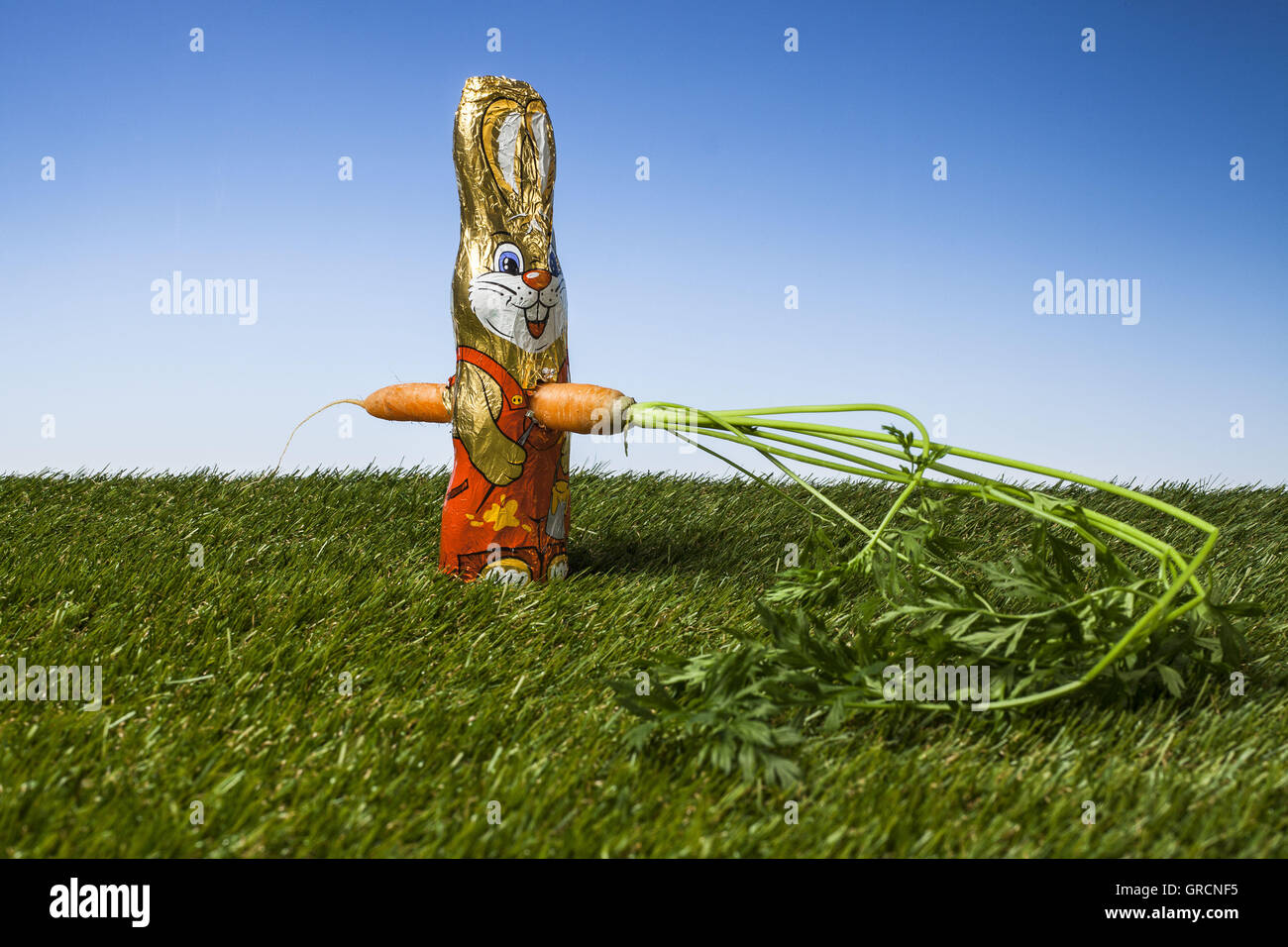 Schoko Osterhase stach mit einer Karotte Stockfoto