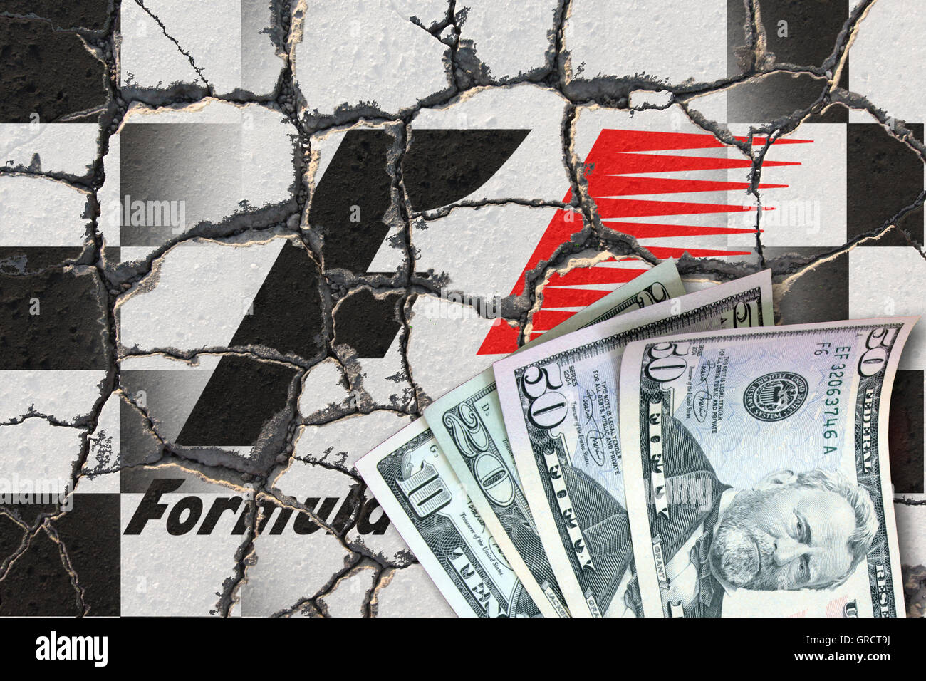 Erodieren Zielflagge mit Formel ein Zeichen und Us-Dollar-Scheine Stockfoto