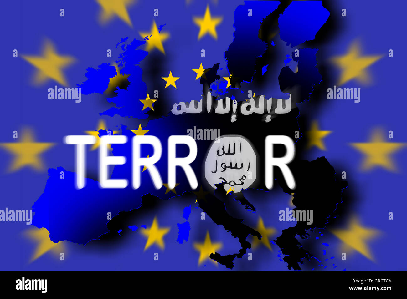 Terrorismus ist Zeichen auf EU-Flagge und europäischen Kontinent Stockfoto
