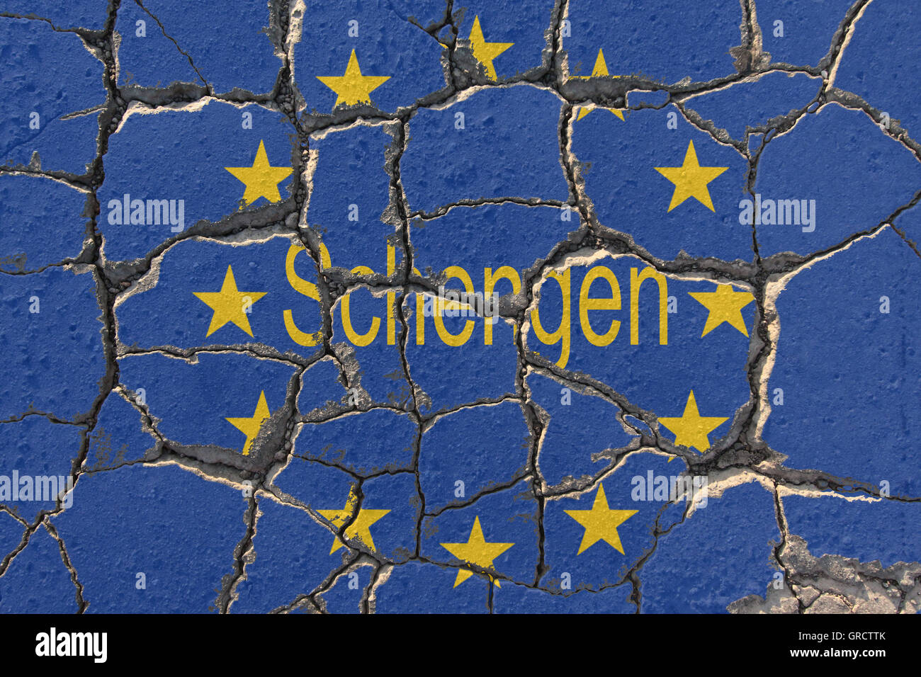 EU-Krise mit erodieren Wort Schengen und EU-Flagge Stockfoto