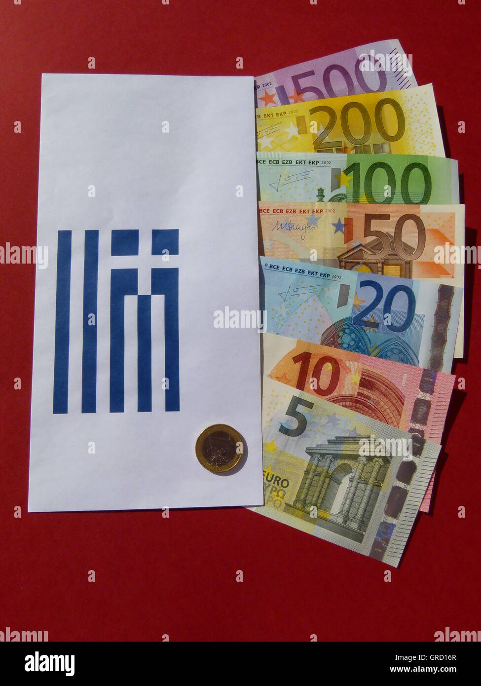 Symbol über Hilfen für Griechenland, Euro-Banknoten In einem Umschlag Stockfoto