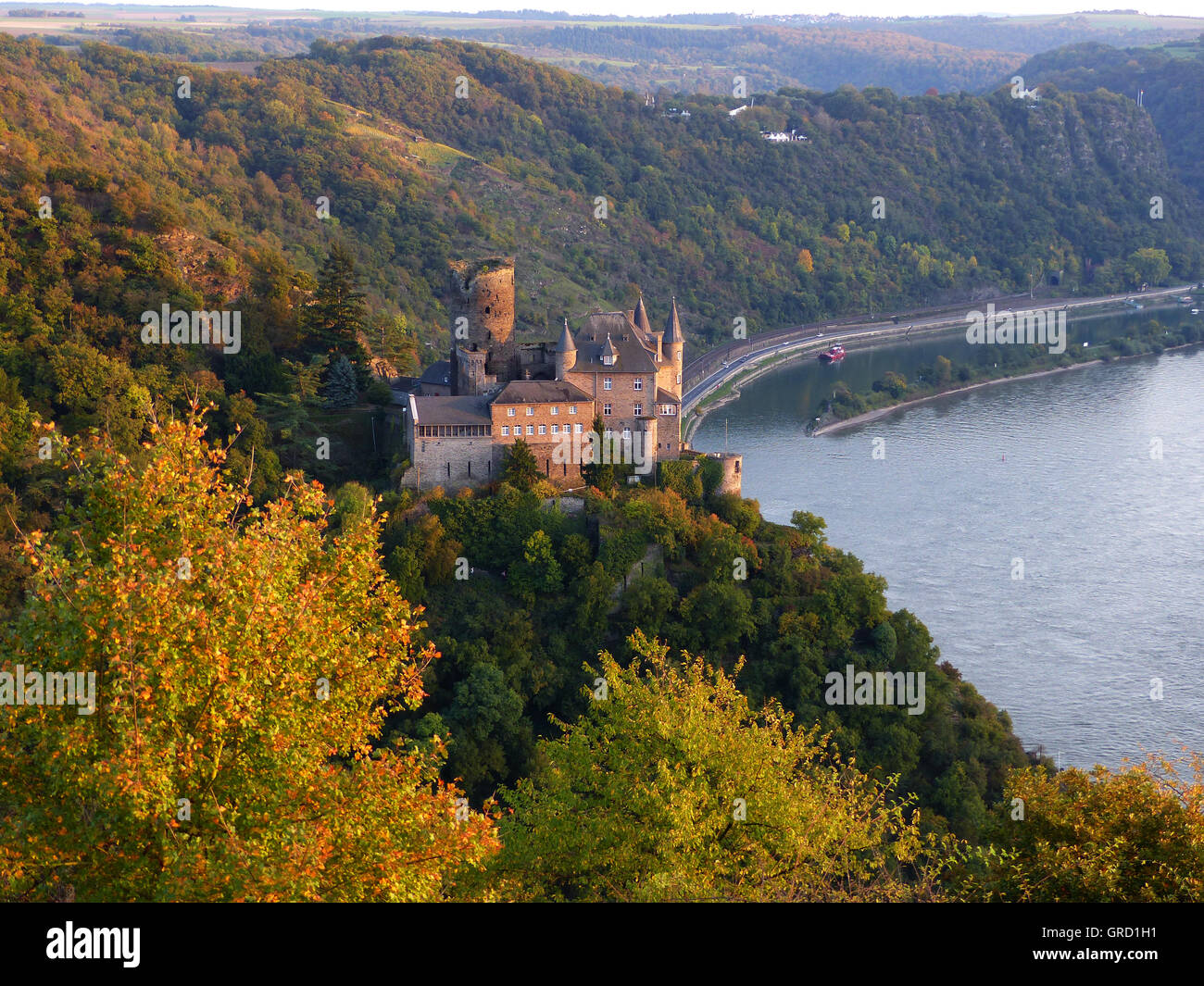 Burg Katz am Mittelrhein, hoch über St. Goarshausen, Rheinland Pfalz, Deutschland, Europa Stockfoto