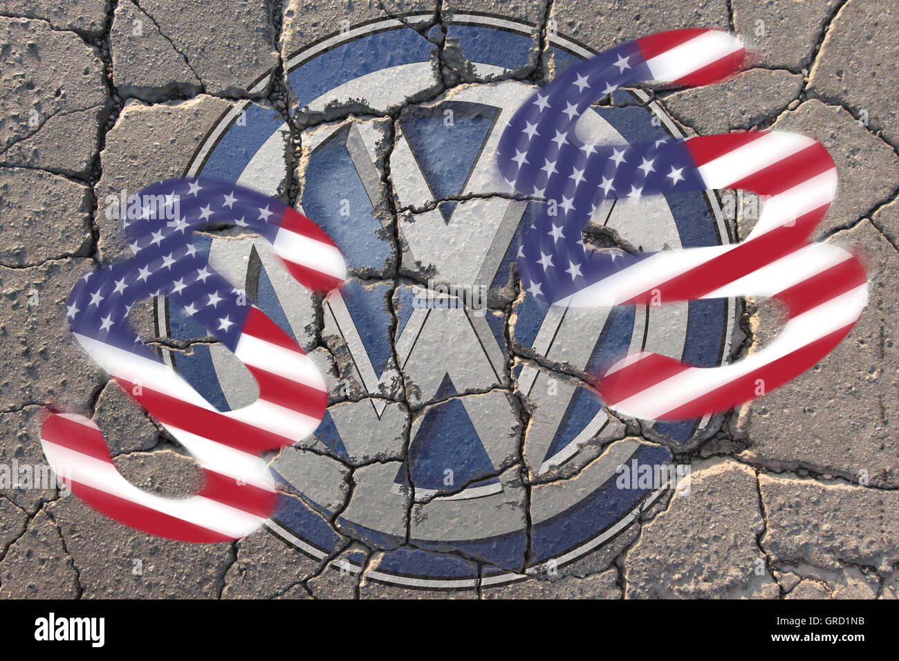 Krise bei Volkswagen Vw Zeichen auf der Straße mit Absatz und Stars And Stripes erodieren Stockfoto