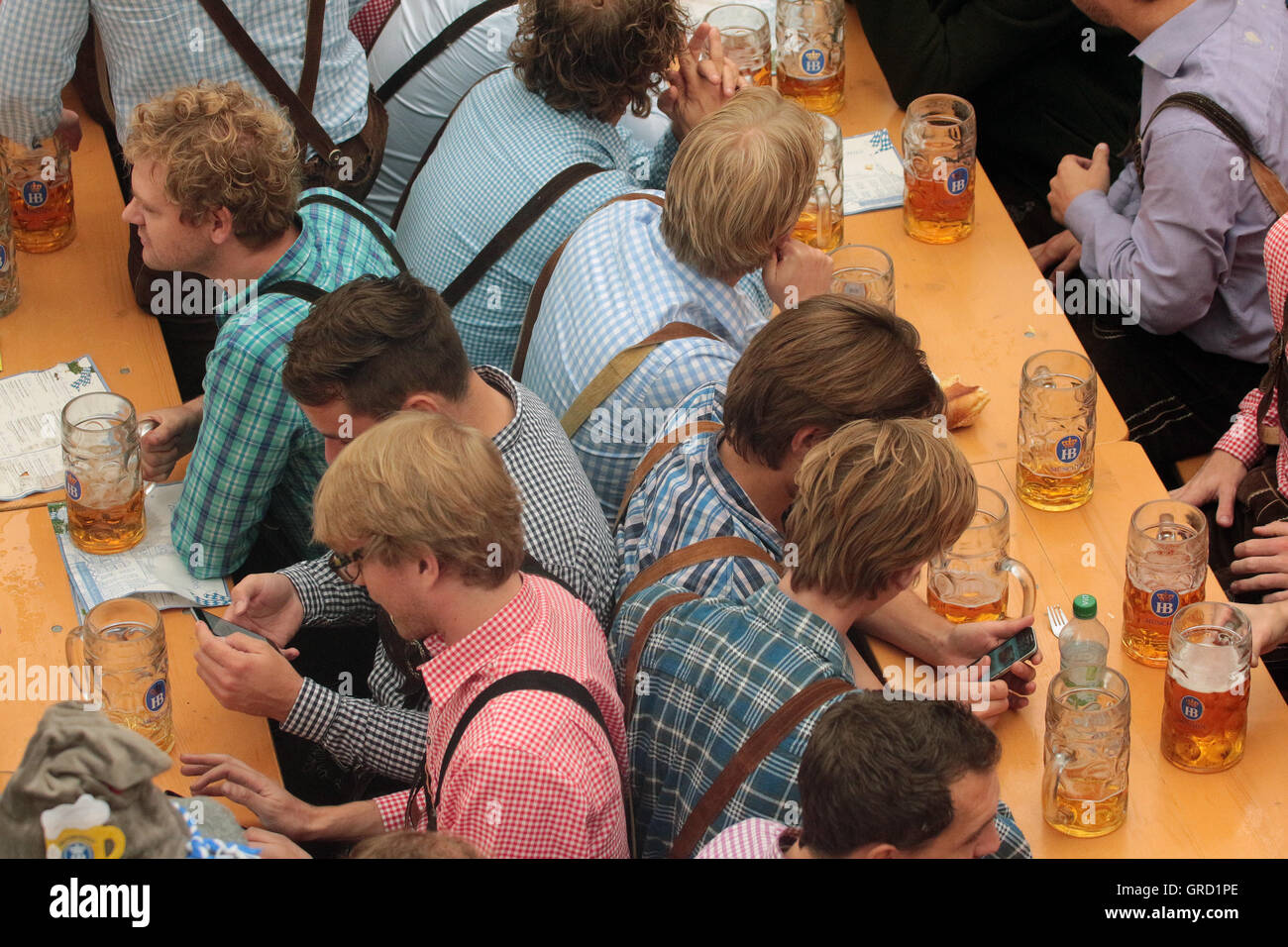 Überfüllt und enge Reihen im Bier sind in der Regel Hofbraeu am Oktoberfest München Stockfoto