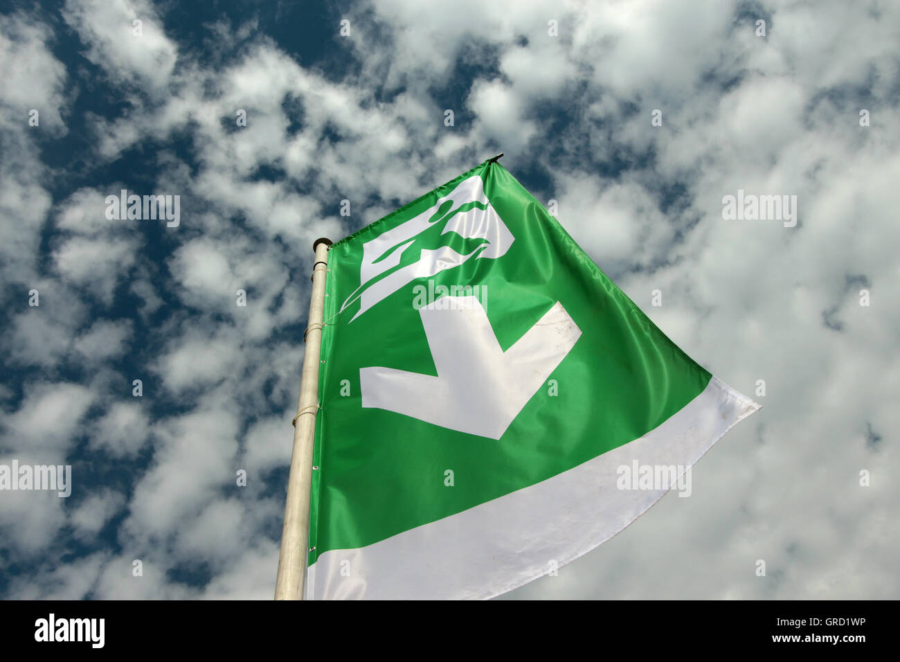 Emergencx Ausfahrt mit Pfeil nach unten Stockfoto