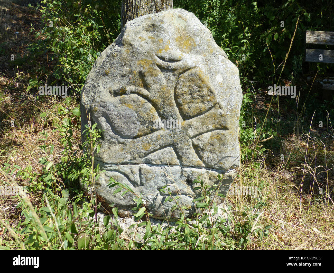 Alten Gedenkstein in der Nähe von Welsberg, genannt Spinnera, Landkreis Coburg, Oberfranken, an eine Frau erinnern, der einmal auf ihrem Weg nach Hause von einem Spinning Raum ermordet wurde Stockfoto