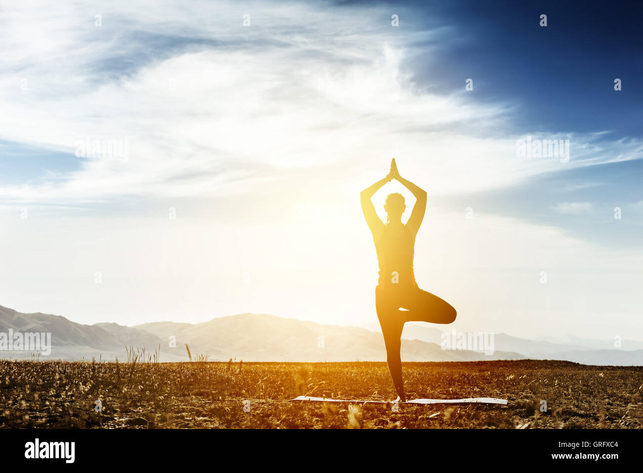 Frau Yoga Natur Sonnenaufgang Konzept Stockfoto