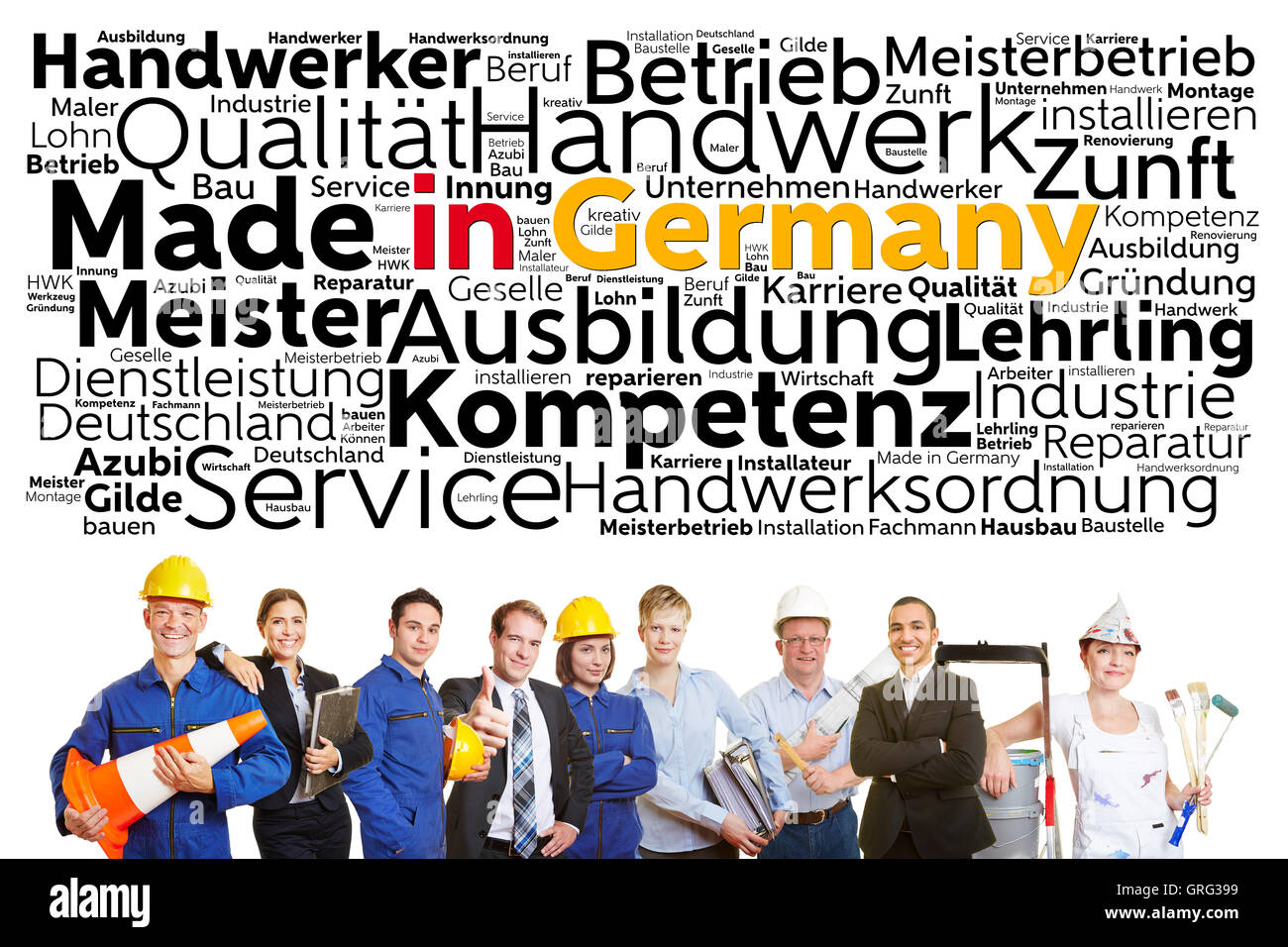 Deutsche Arbeitern aus verschiedenen Berufen mit made in Germany tag cloud Stockfoto