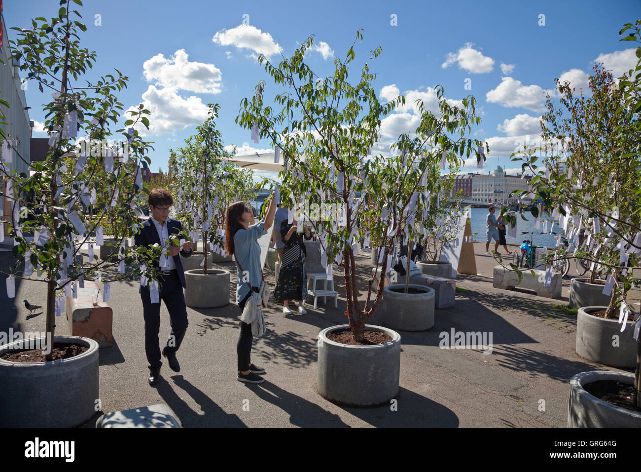 Touristen, die lesen Wünsche bei Yoko Wunsch Baum Garten außerhalb des Lagers auf Papirøen, Papier-Insel. Copenhagen Contemporary. Stockfoto