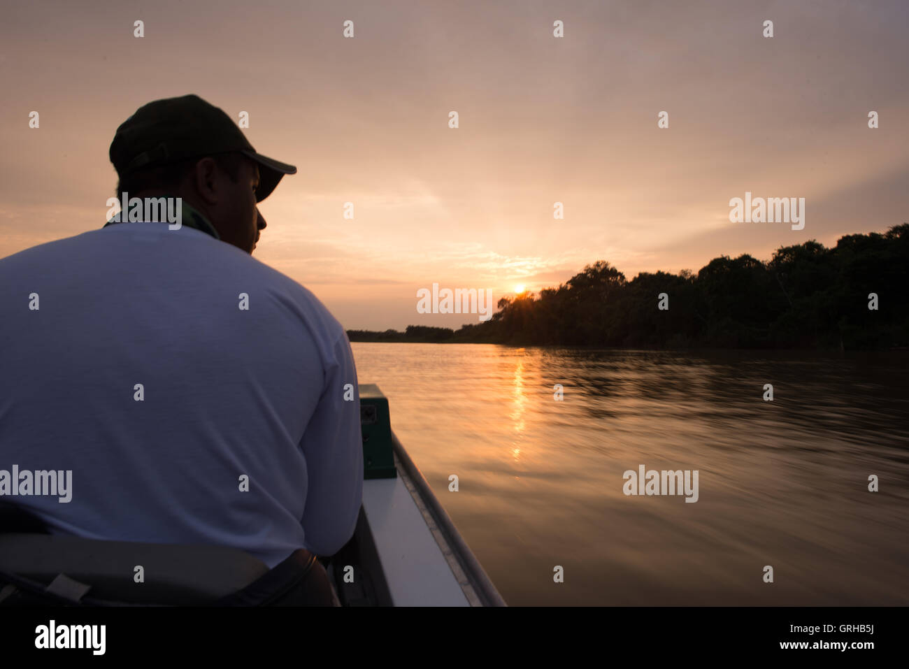 Bootsmann navigieren in einem Fluss im Pantanal Stockfoto