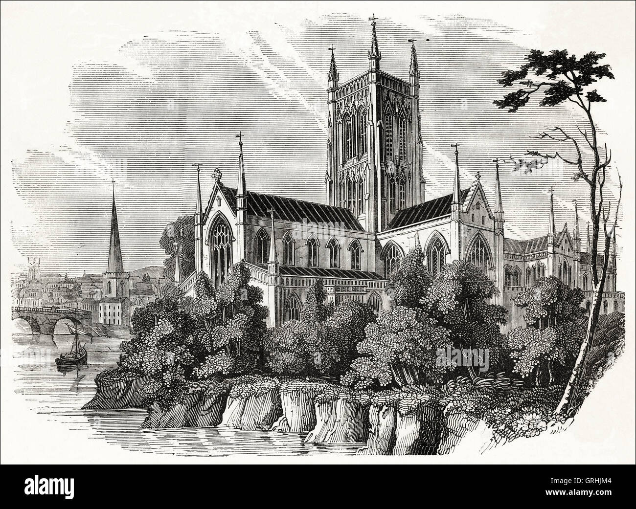 Worcester Kathedrale am Ufer des Flusses Severn zwischen 1084 & 1504 erbaut. Viktorianischen Holzschnitt, Kupferstich, ca. 1845. Stockfoto