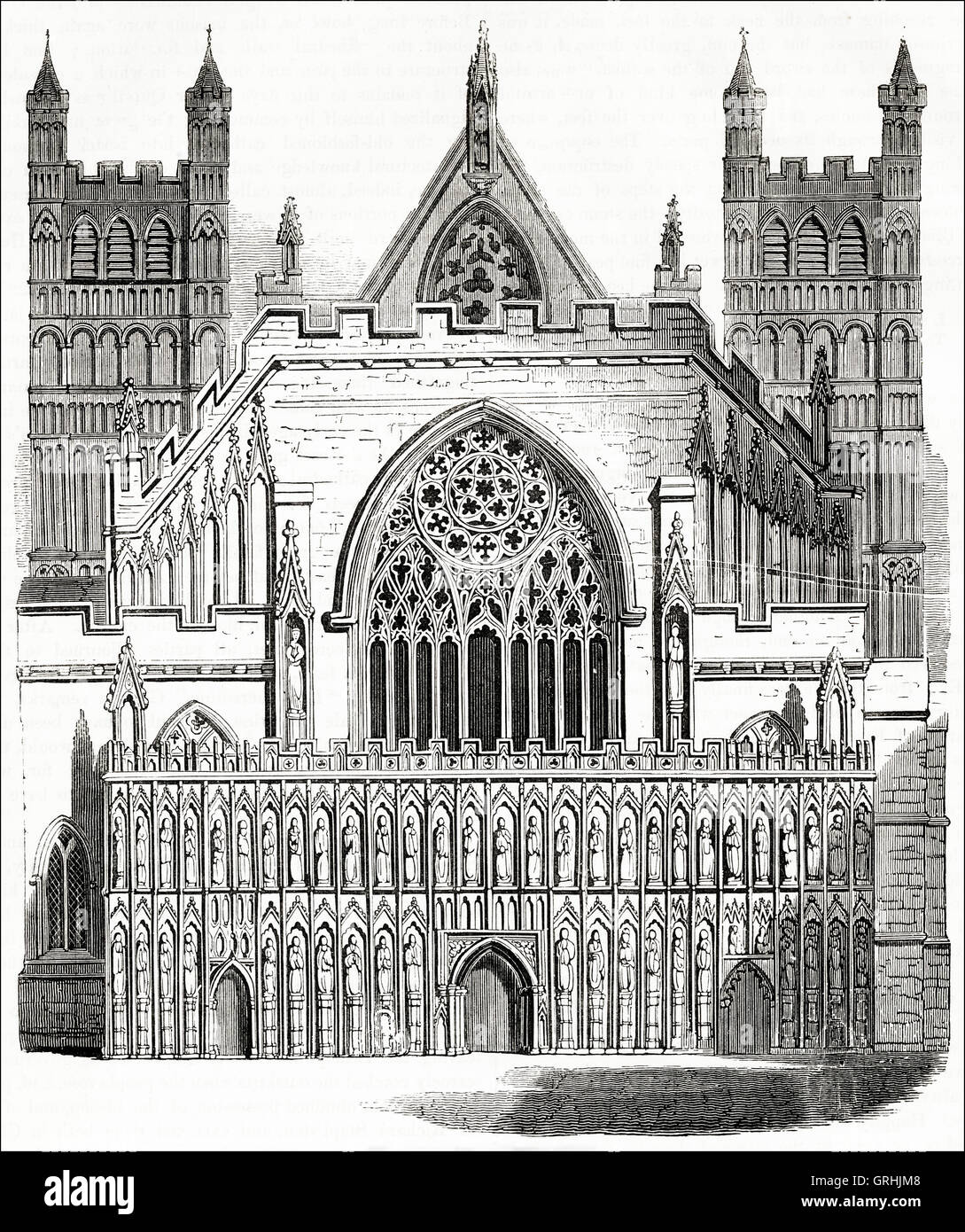 Westfassade der Kathedrale von Exeter. Viktorianischen Holzschnitt, Kupferstich, ca. 1845. Stockfoto