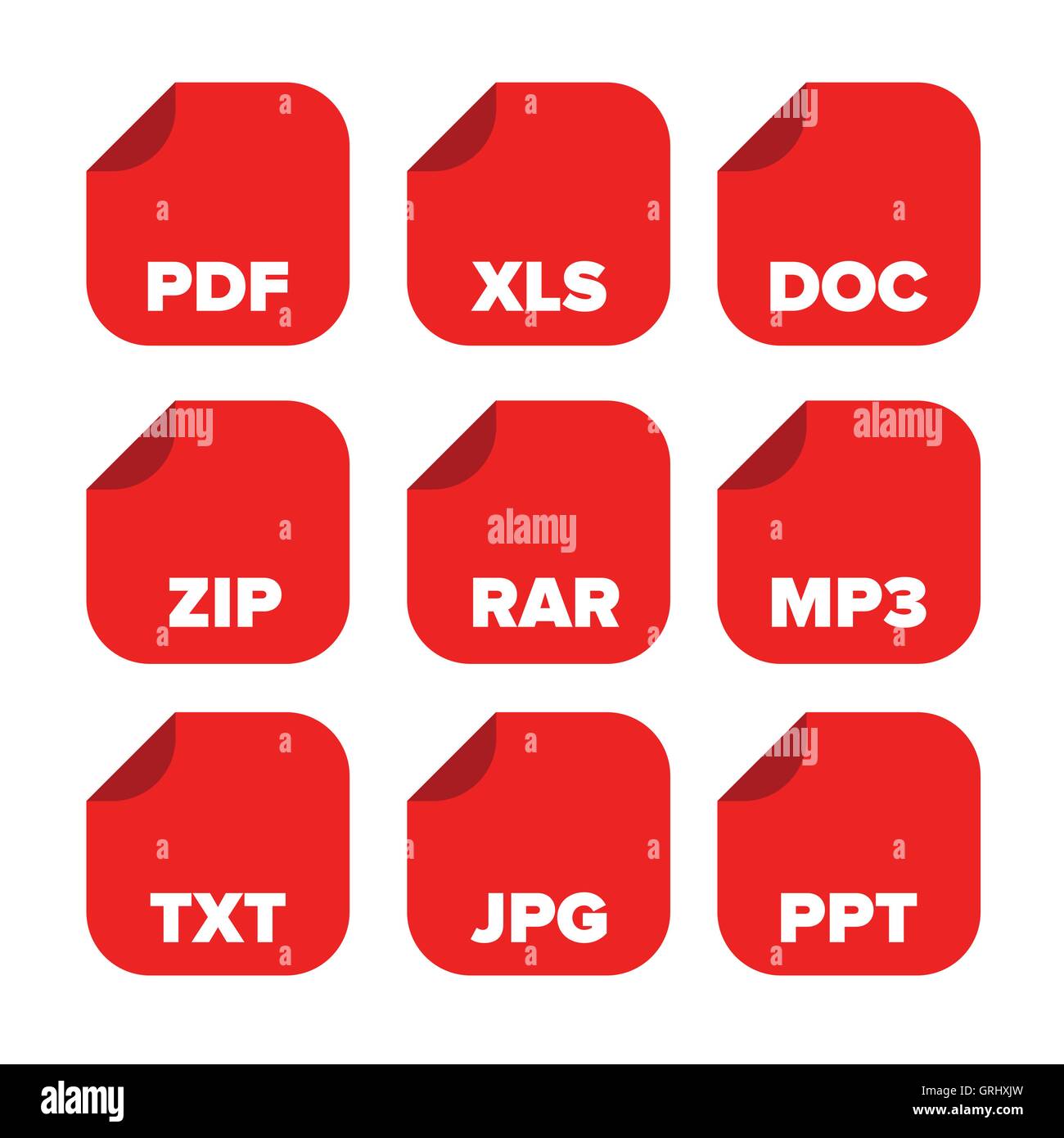 Datei-Erweiterungen Icons Set: Pdf, Xls, Doc, Zip, Rar, mp3, Txt, jp Stock Vektor