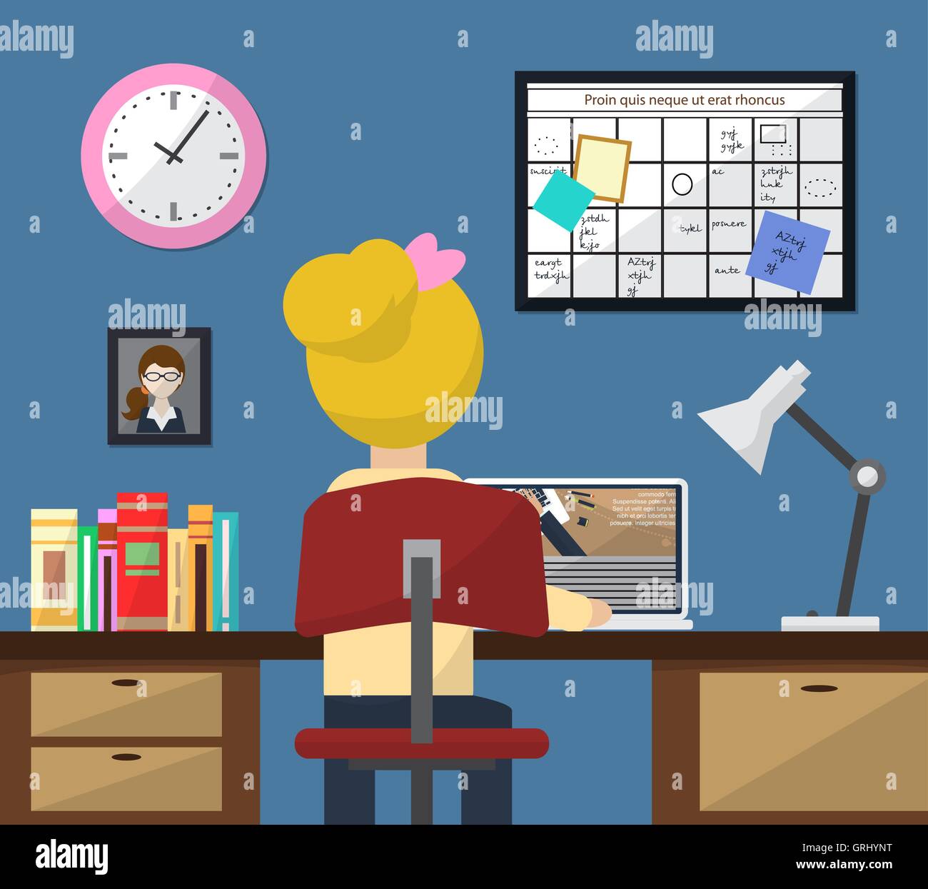 Illustration der Arbeitsplatz im Zimmer. Mädchen bei der Arbeit. Flachen Stil. Vektor Stock Vektor