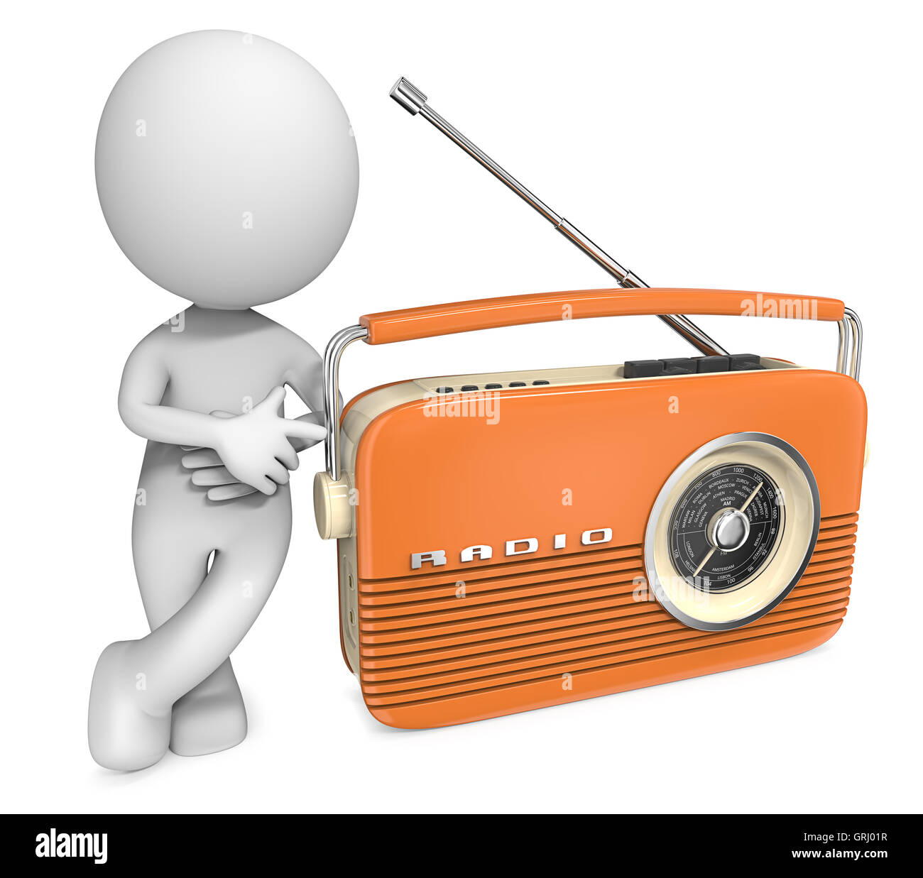 Geck 3D Charakter zeigen und lehnte sich gegen Orange Retro-Radio. Stockfoto