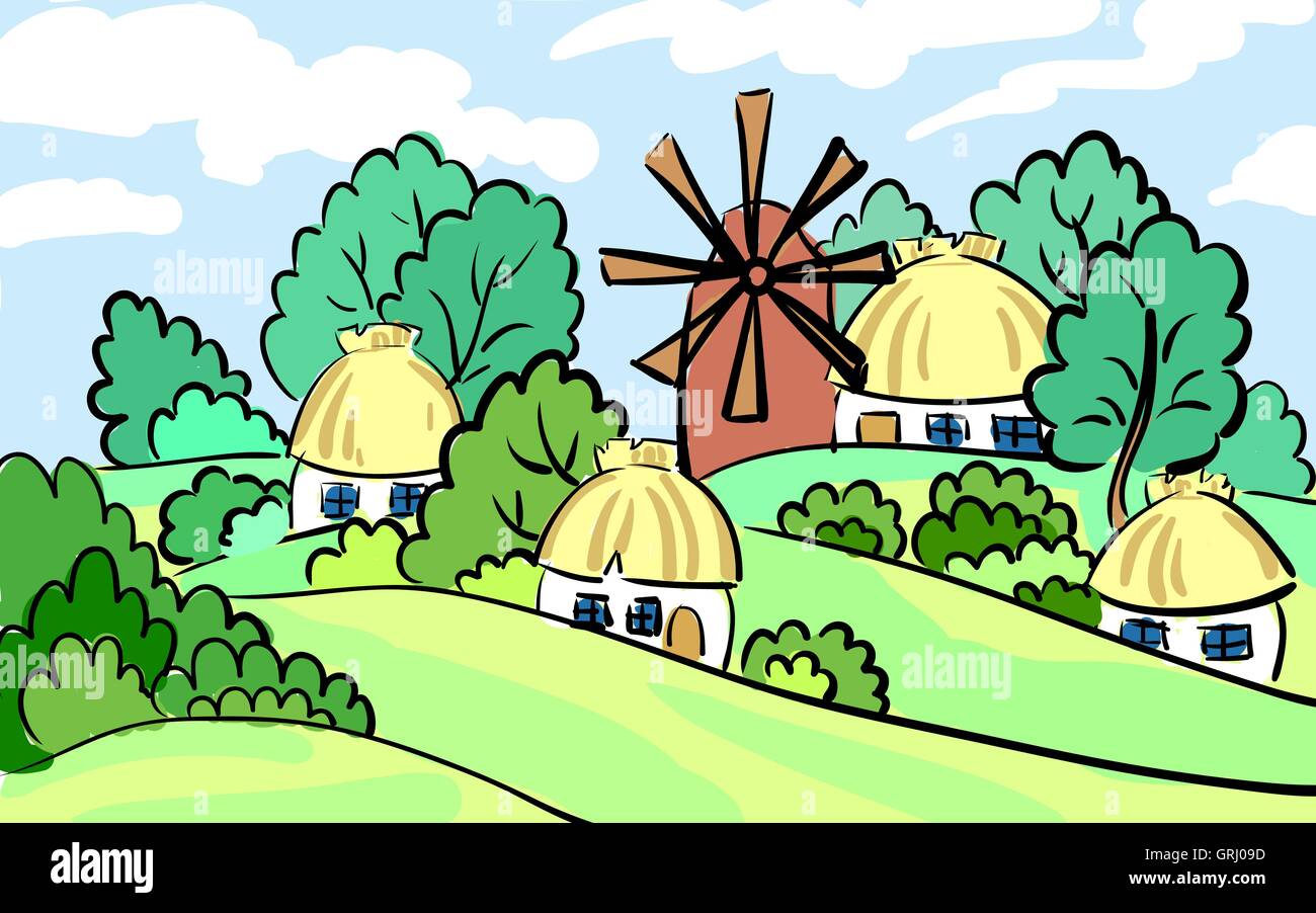 Sommerlandschaft des Dorfes. auf Hügel steht eine Mühle und Haus. Hand gezeichnet. Es kann als Postkarte verwendet werden. Vektor Stock Vektor