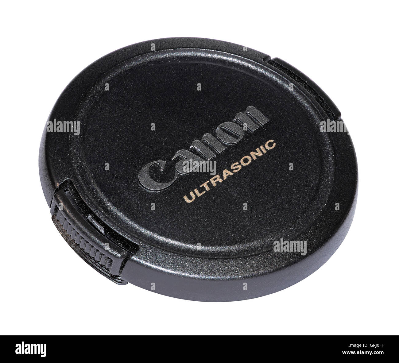 Ein Ultraschall Canon Objektivdeckel isoliert auf weißem Hintergrund Stockfoto