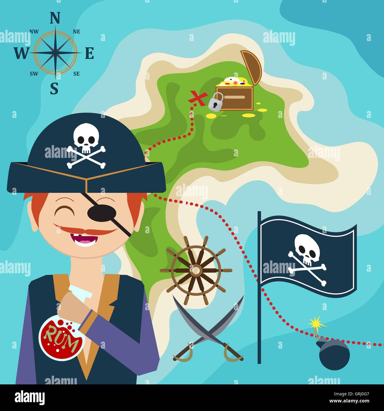 Karte mit einem Piraten und Treasure Island. Kind Spiel. Helfen Sie, die  Schätze zu finden. Vektor Stock-Vektorgrafik - Alamy