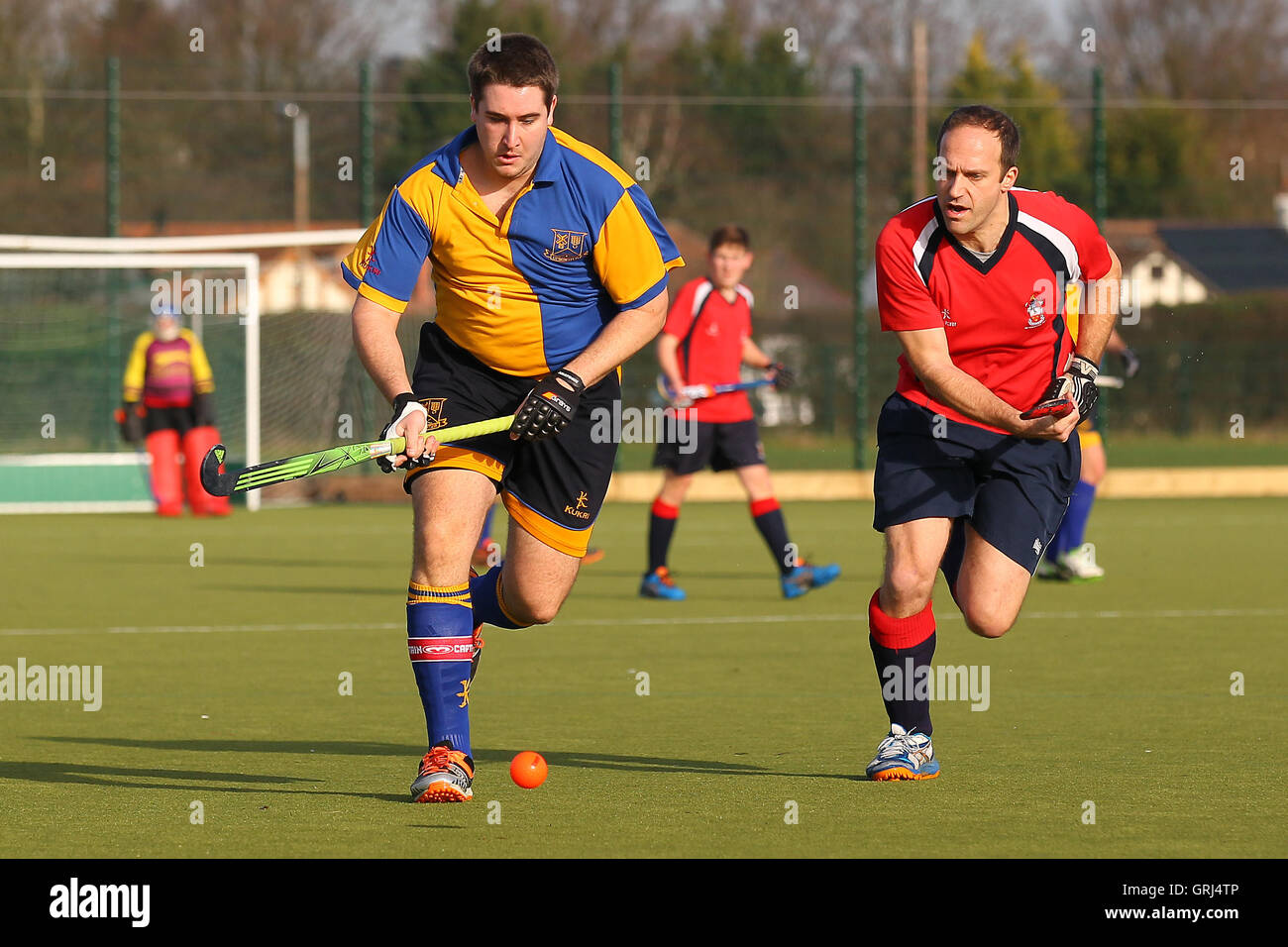 Upminster HC 3. XI Vs Chelmsford 3. XI, East Hockey League bei den Coopers Company und Coborn Schule, Upminster, England am 23.01.2016 Stockfoto