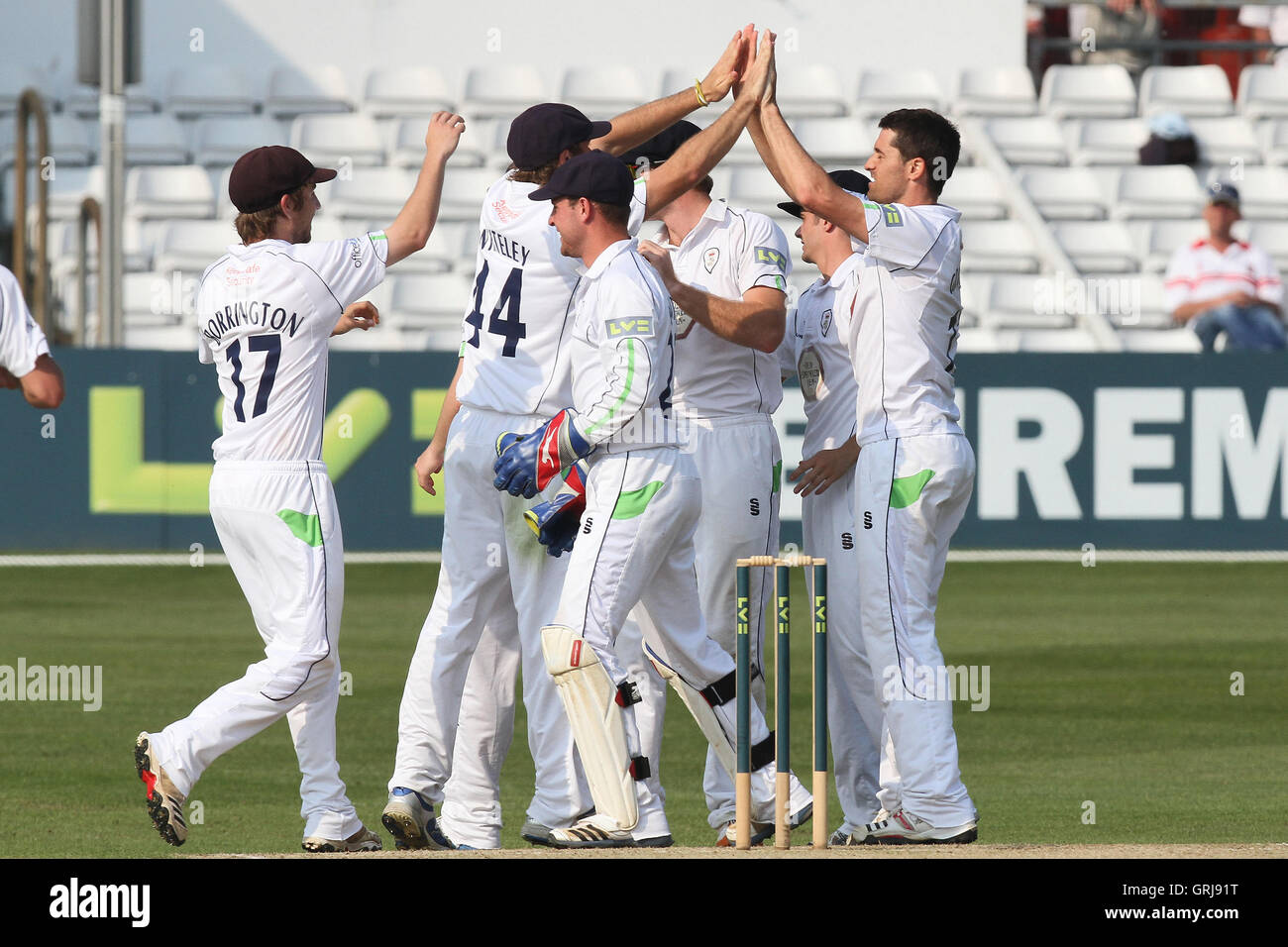 Derbyshire Spieler feiern das Wicket Tom Westley - Essex CCC Vs Derbyshire CCC - LV County Championship Division zwei Cricket an der Ford County Ground, Chelmsford, Essex - 24.05.12. Stockfoto